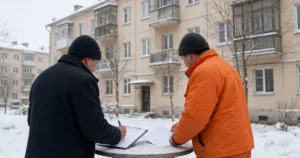 Представитель управляющей компании и подрядчик в оранжевой спецодежде изучают договор и чек-лист во дворе зимнего жилого дома