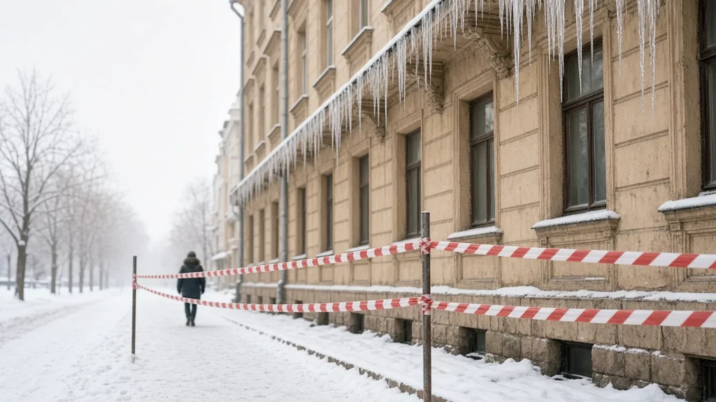 Тротуар у фасада старого дома огорожен сигнальной лентой: сверху с карниза свисают крупные сосульки