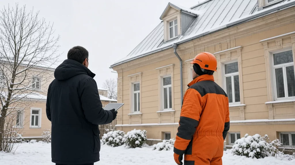 Представитель УК с планшетом и подрядчик в каске принимают работу, осматривая очищенную от снега крышу дома